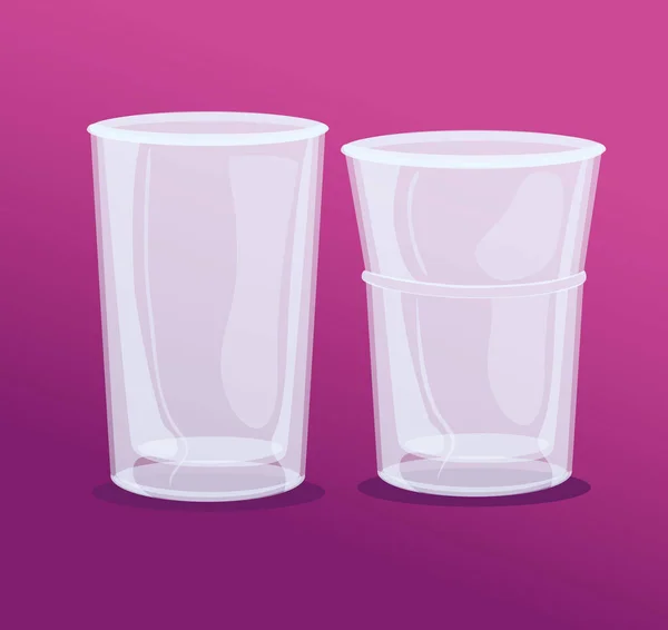 Макет, прозрачные стаканы, прозрачные пустые стаканы чашки на розовом фоне — стоковый вектор