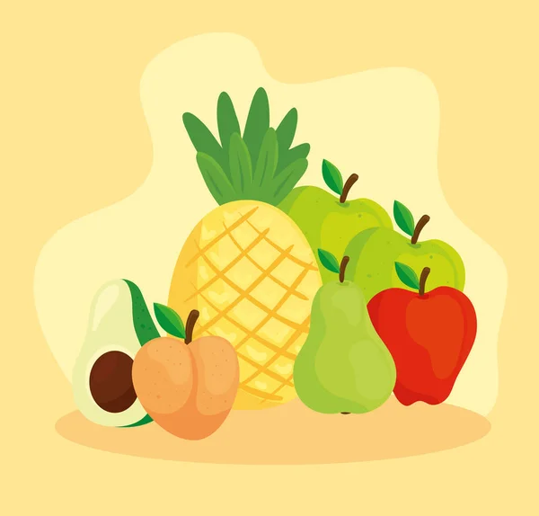 Piña y frutas frescas tropicales — Vector de stock