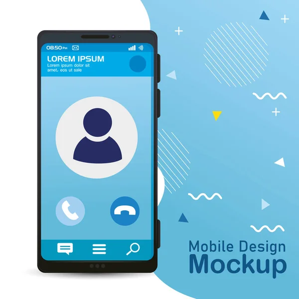 ポスターモバイルデザインのモックアップ画面上の呼び出しと現実的なスマートフォンのモックアップ — ストックベクタ