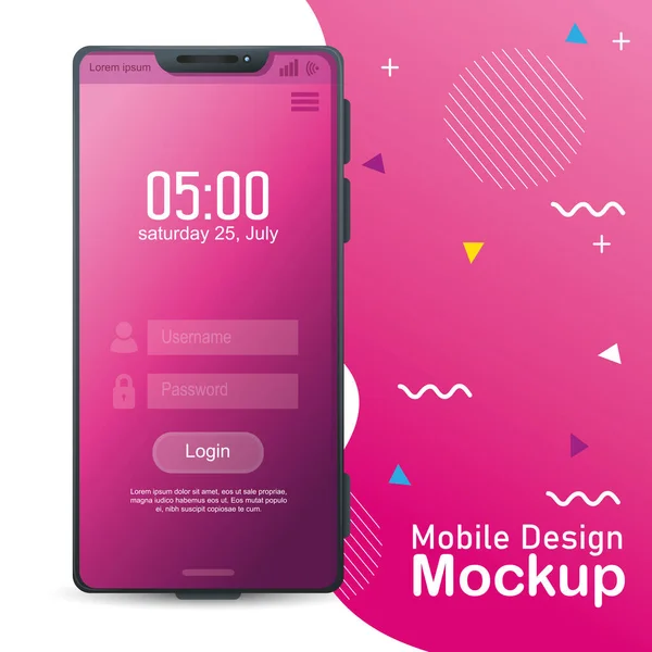 Póster diseño móvil mockup, realista smartphone mockup con inicio de sesión en la pantalla — Archivo Imágenes Vectoriales