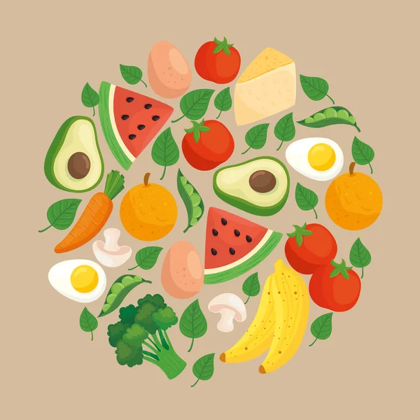 Alimentos saudáveis, legumes e frutas em armação redonda — Vetor de Stock