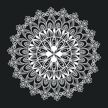 Koyu arkaplanda beyaz renkli çiçek mandala, klasik lüks mandala, süs dekorasyonu.