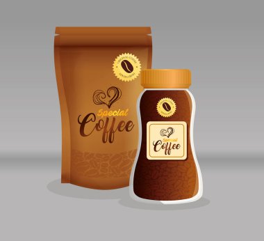 Marka modeli kahve dükkanı, restoran, şirket kimliği modeli, cam şişe ve torba dolusu özel kahve.