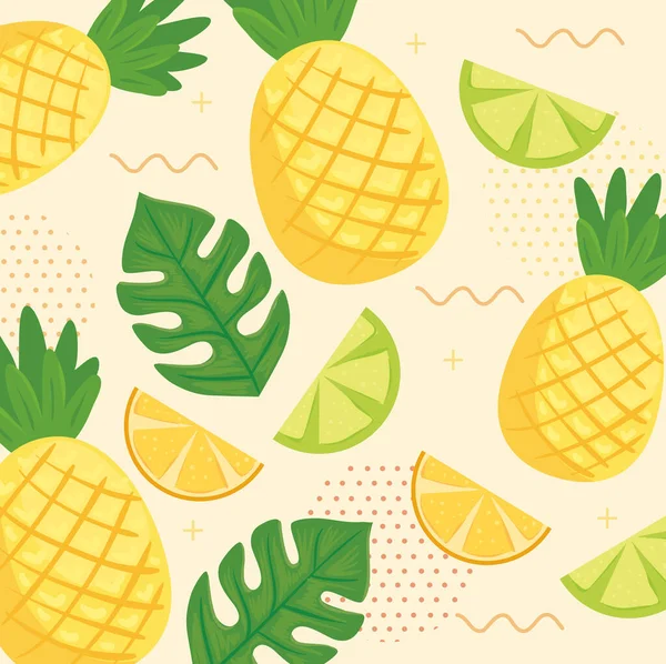 带有菠萝和热带叶子的切碎橙子和柠檬的背景 — 图库矢量图片