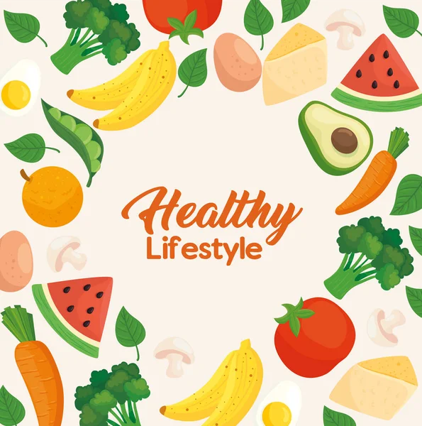 Banner healthy lifestyle, vegetables with fruits and food — Stock Vector