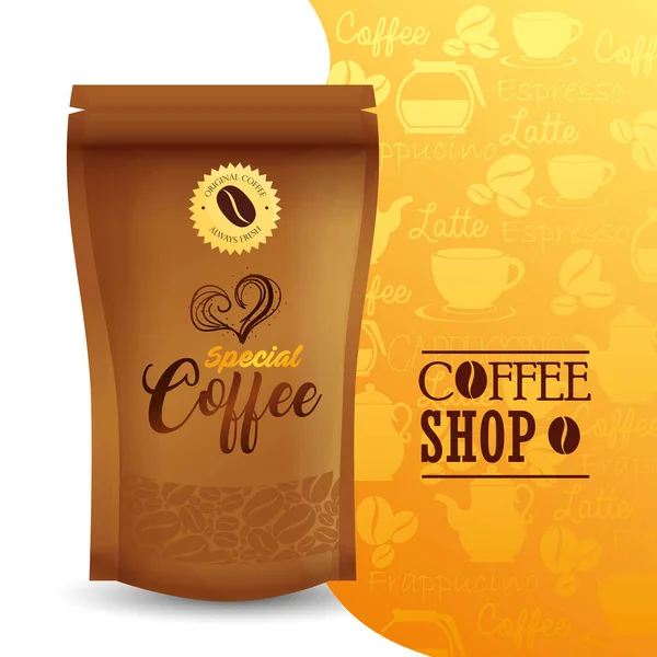 モックアップコーヒーショップレストランコーポレートアイデンティティモックアップ特別なコーヒーのzipパッケージ — ストックベクタ