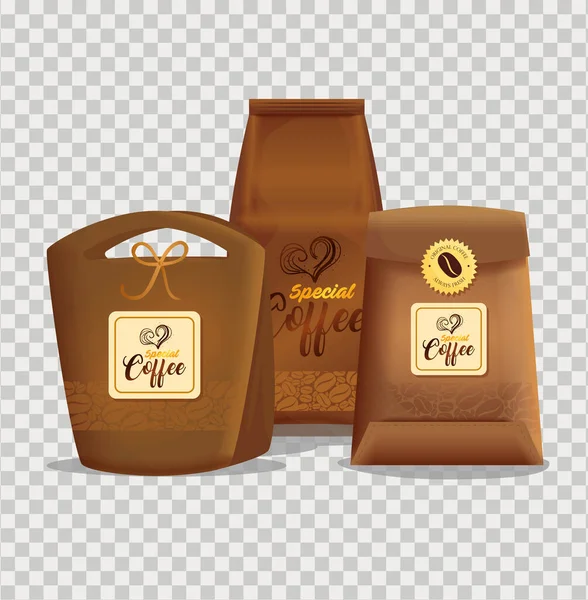Varumärke mockup set för kafé, restaurang, företag identitet mockup, väskor papper av speciellt kaffe — Stock vektor