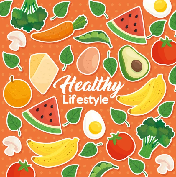 Meyve, sebze ve sağlıklı yiyeceklerin arka planında pankart sağlıklı yaşam tarzı — Stok Vektör