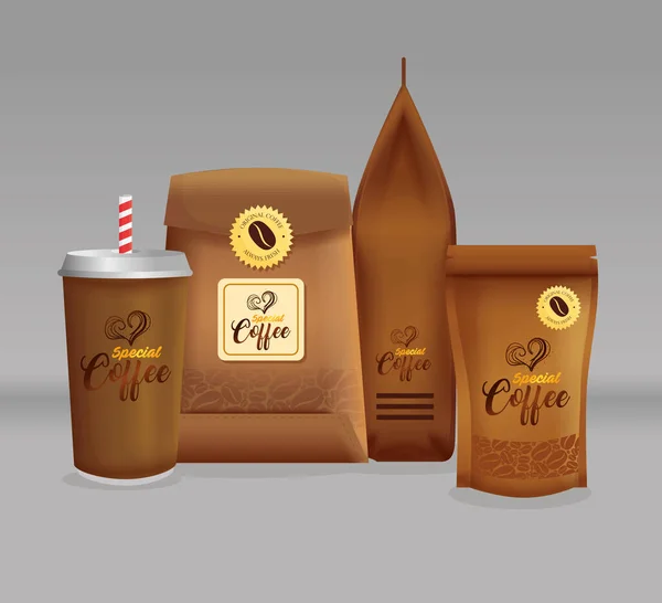 Set de maquetas de marca para cafetería, restaurante, maqueta de identidad corporativa, set de paquetes especiales de café — Vector de stock