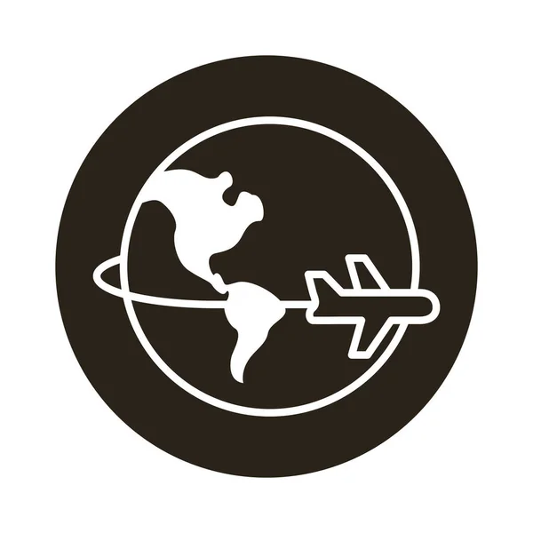 Avião voando ao redor do planeta mundial com ícone de estilo bloco continente americano —  Vetores de Stock