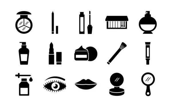 Paquete de quince maquillaje iconos conjunto de cosméticos — Archivo Imágenes Vectoriales