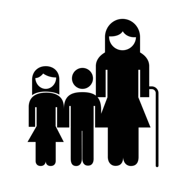 Familj mormor figur med sonson och barnbarn siluett stil ikon — Stock vektor
