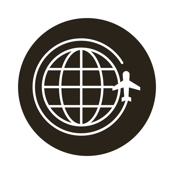 Sphère planète du monde avec avion volant autour icône de style bloc — Image vectorielle
