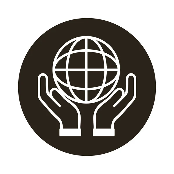 Hands lifting sphere world planet block style icon — Stock Vector