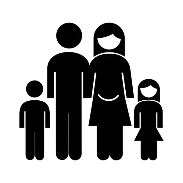 Familie ouders paar met dochter en zoon cijfers silhouet stijl pictogram — Stockvector