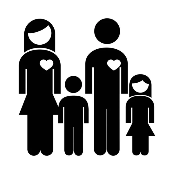 Семейная пара родителей с детьми и сердцами фигурки стиль силуэт икона — стоковый вектор