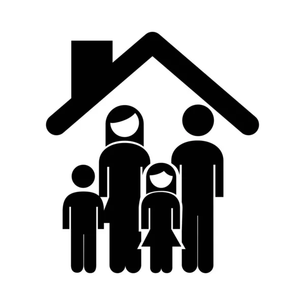 Familia padres pareja con hija e hijo en la casa silueta icono de estilo — Vector de stock