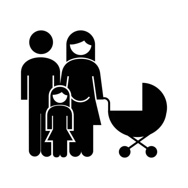 Familj föräldrar par med dotter och baby vagn siffror siluett stil ikon — Stock vektor