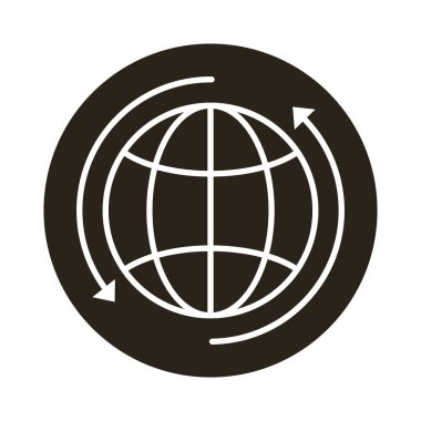 Blok biçim simgesinin etrafında oklar olan küresel dünya gezegeni