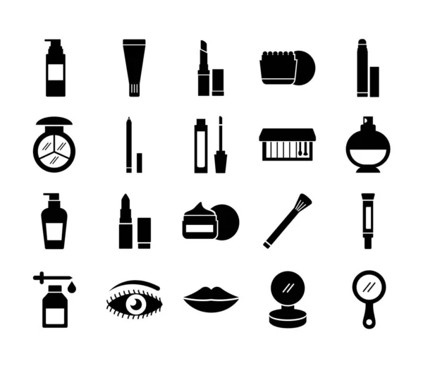 Paquete de veinte maquillaje iconos conjunto de cosméticos — Archivo Imágenes Vectoriales