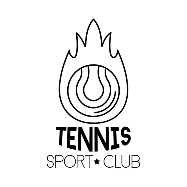 Balle tennis sport avec flamme et lettrage ligne style icône — Image vectorielle