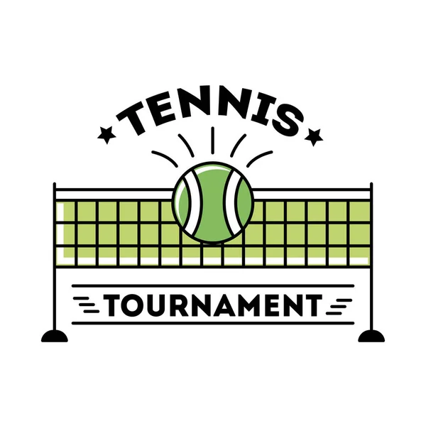 ボールテニススポーツレタリングとネットラインと塗りつぶしスタイルのアイコン — ストックベクタ