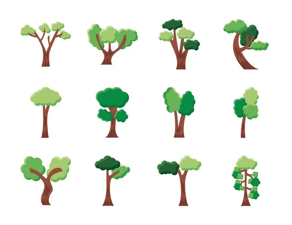 Conjunto de doce árboles establecer iconos — Vector de stock