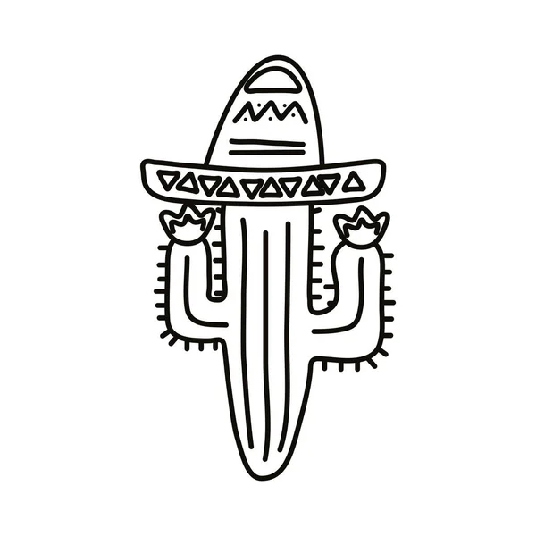 Cactus con icono de estilo de línea de sombrero mexicano — Vector de stock