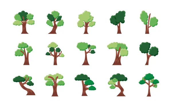 Paquete de quince árboles establecer iconos — Vector de stock