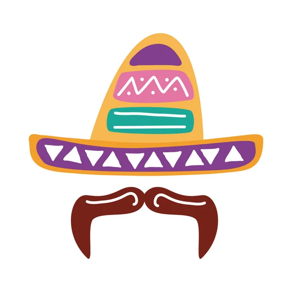 Traditional mexican hat with mustache flat style — Stock Vector