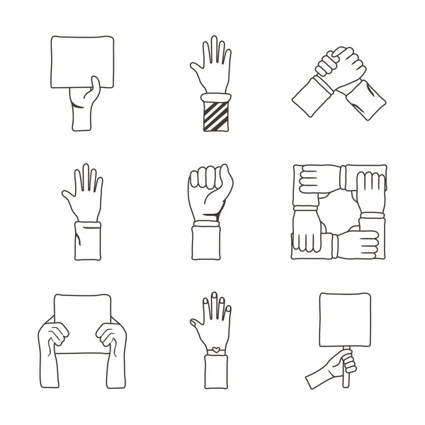 Pacchetto di nove mani di protesta set icone — Vettoriale Stock