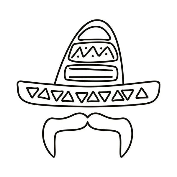 Sombrero tradicional mexicano con estilo de línea de bigote — Archivo Imágenes Vectoriales