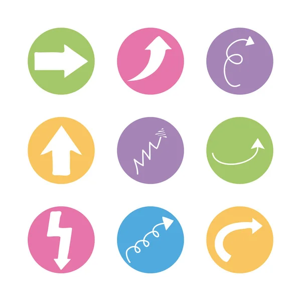 Paquet de neuf flèches ensemble icônes — Image vectorielle
