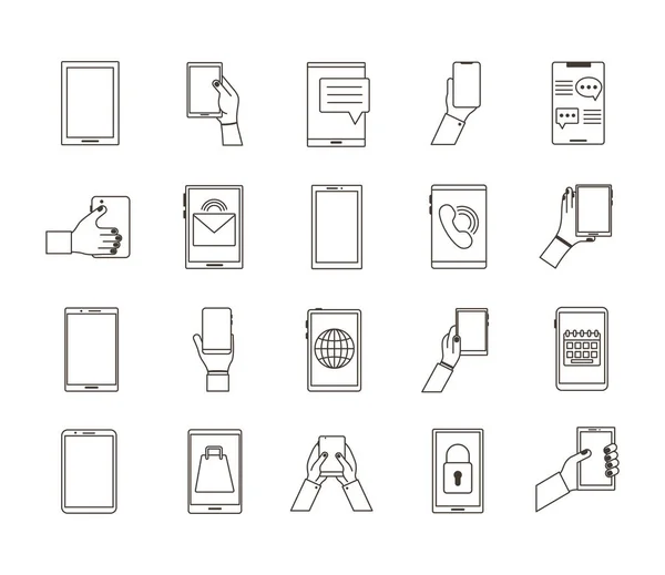 Paquete de veinte dispositivos de teléfonos inteligentes conjunto de iconos de colección — Vector de stock