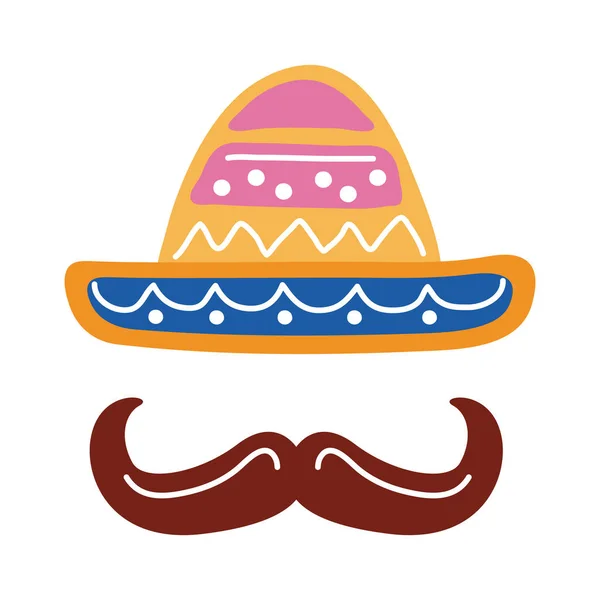 Chapeau mexicain traditionnel avec moustache icône de style plat — Image vectorielle