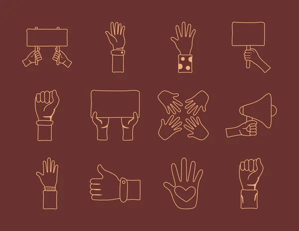 Bündel aus zwölf Händen Protest-Set-Ikonen — Stockvektor