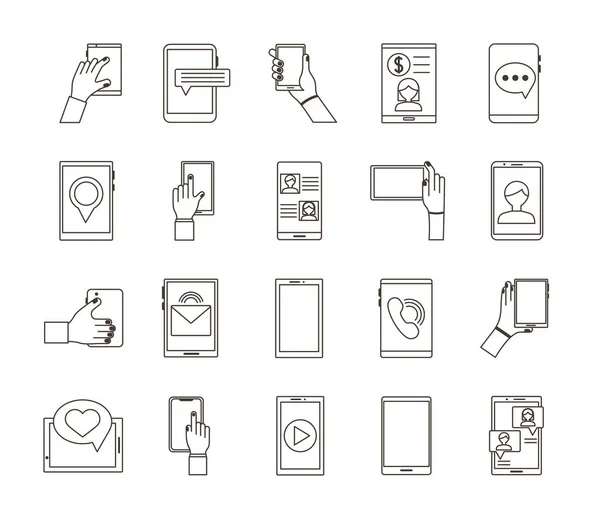 Paquete de veinte dispositivos de teléfonos inteligentes establecer iconos — Vector de stock