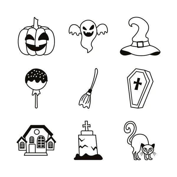 Bundel van negen halloween set iconen — Stockvector