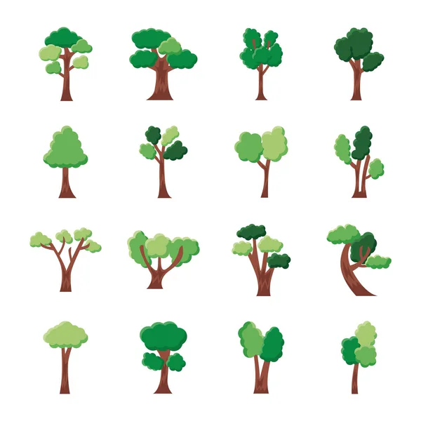 Paquete de dieciséis árboles conjunto de iconos de colección — Vector de stock