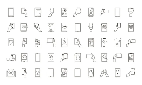 Bündel von fünfzig Smartphones setzt Symbole — Stockvektor