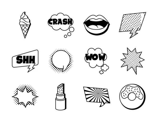 Paquete de doce iconos pop art set — Vector de stock