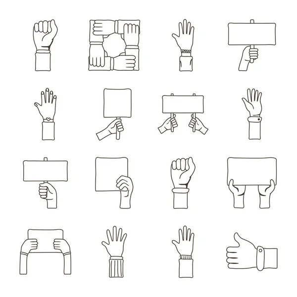 Paquet de seize mains de protestation collection ensemble icônes — Image vectorielle