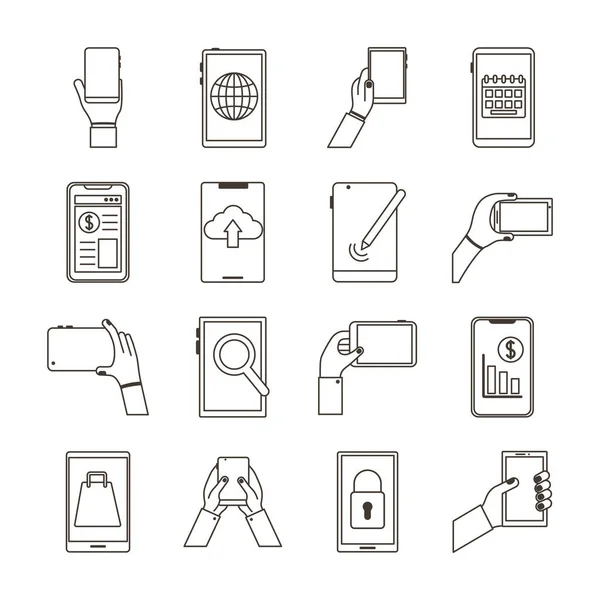 Paquete de dieciséis dispositivos de teléfonos inteligentes establecer iconos — Archivo Imágenes Vectoriales