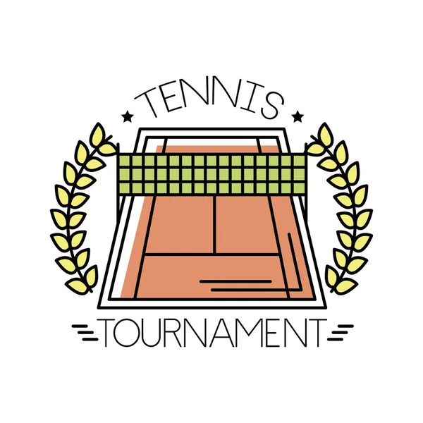 テニスコートスポーツの花輪とレタリングのラインと記入スタイルのアイコン — ストックベクタ