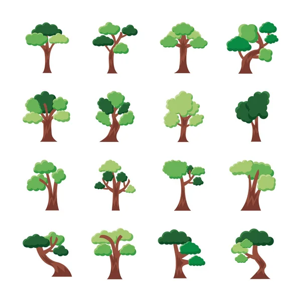 Paquete de dieciséis árboles establecer iconos — Vector de stock