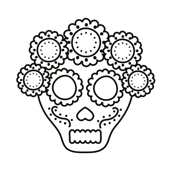 Tête de crâne mexicaine traditionnelle avec icône de style ligne de fleurs — Image vectorielle