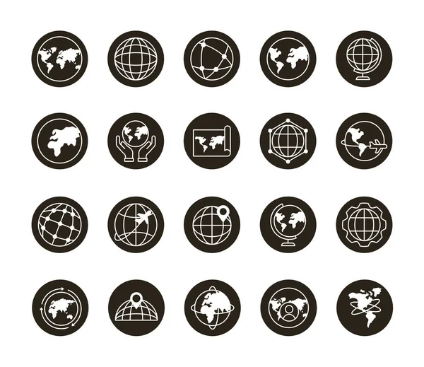 Paquete de veinte planetas del mundo establecer iconos — Archivo Imágenes Vectoriales