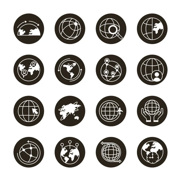 Bündel von sechzehn Welt Planeten Set Sammlung Symbole — Stockvektor