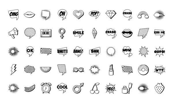 Paquete de cincuenta iconos de arte pop set — Vector de stock