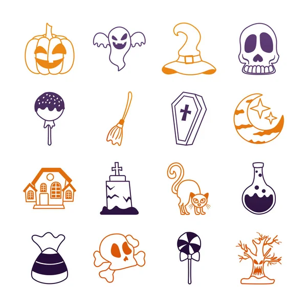 Pakiet szesnastu ikon kolekcji zestawów halloween — Wektor stockowy